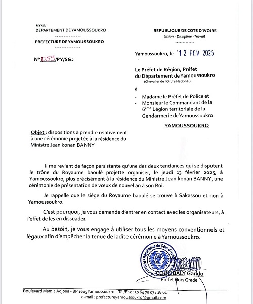 Crise au royaume Baoulé : pourquoi le préfet de région adit NON à la cérémonie de présentation de vœux à un  roi des baoulé à Yamoussoukro, ledebativoirien.net